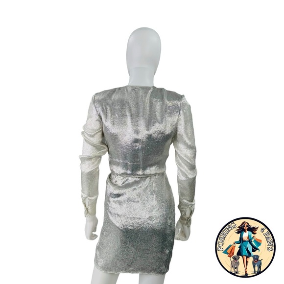 Redemption for FWRD Long Sleeve Metallic Deep V Party Dress in Silver Size XS - Picture 4 of 16
